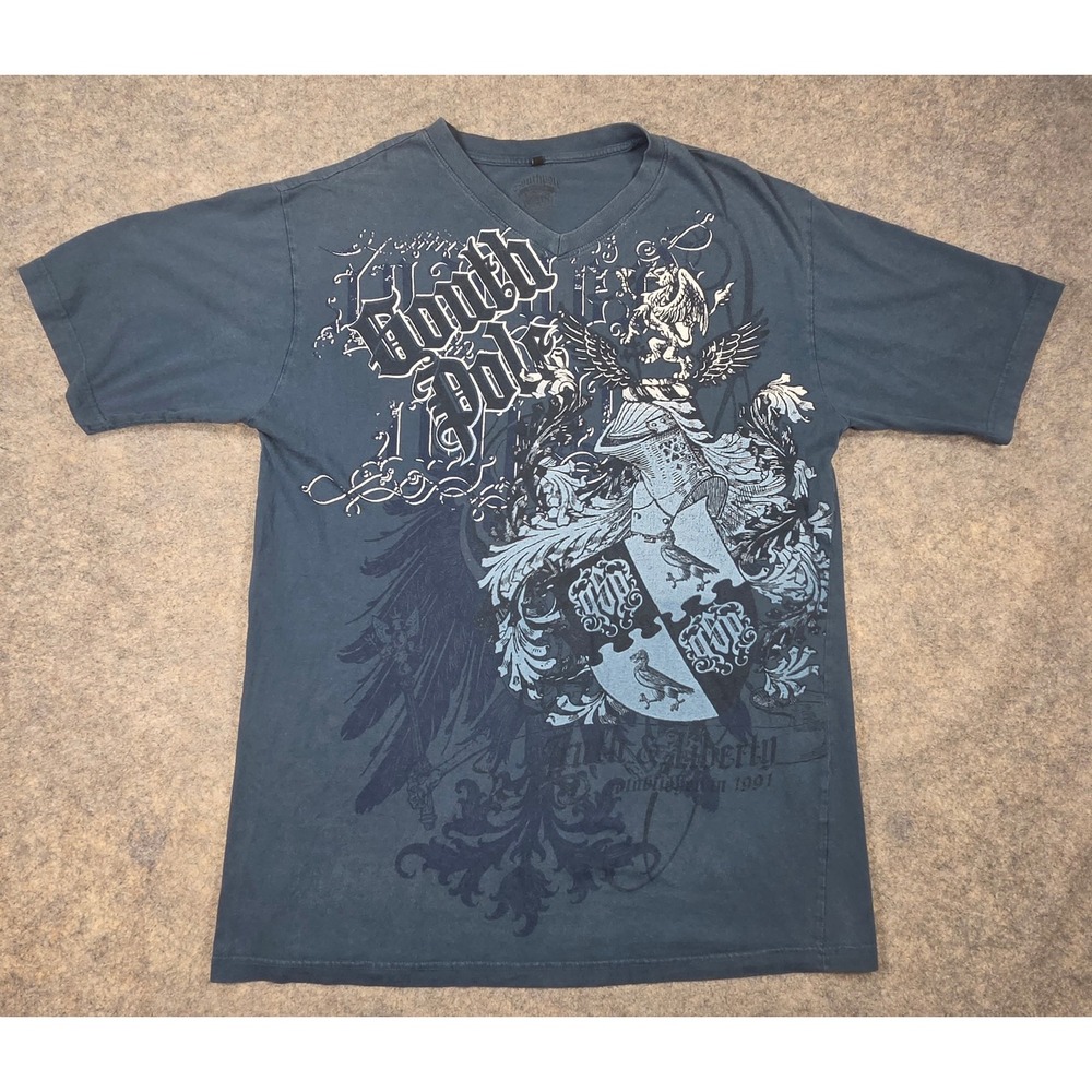 Southpole Mens V-Neck Graphic T-Shirt Blue Y2K Crest Knight XL Fade Streetwear